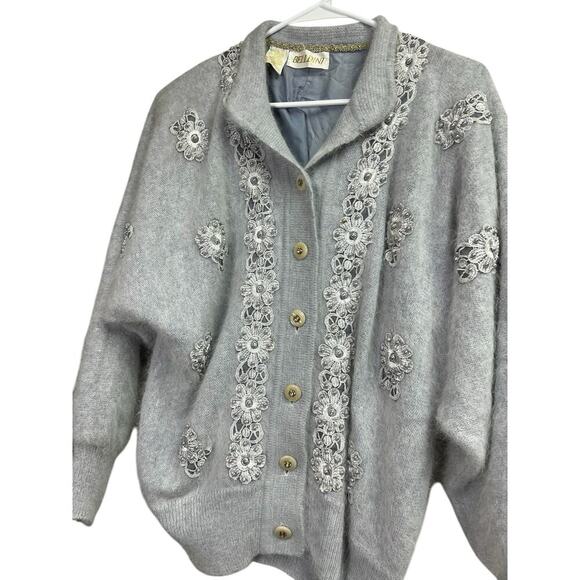 Beldini Vintage Gray Angora Beaded Sweater Cardigan Medium - Picture 5 of 16